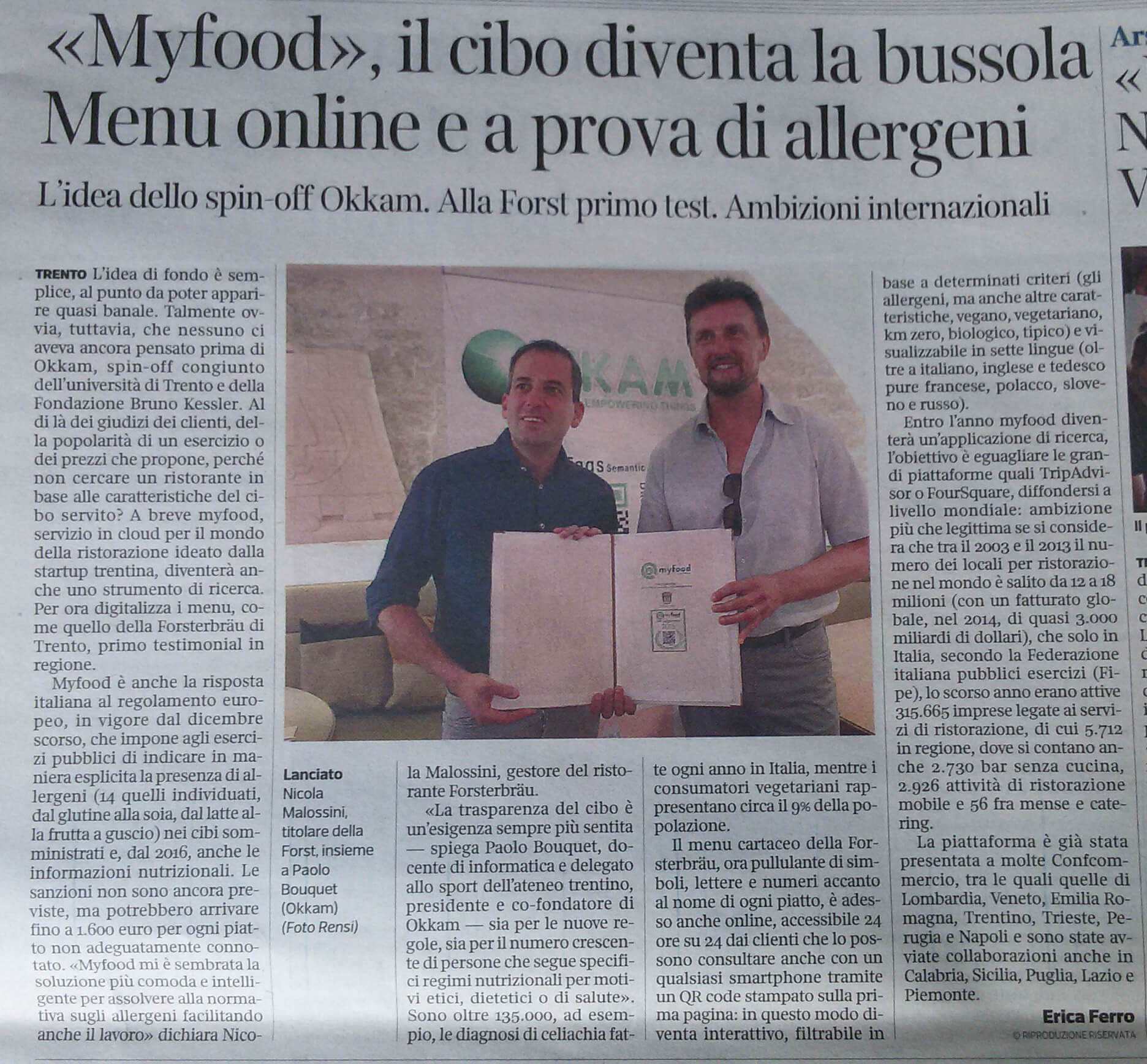 Nicola Malossini di Forst e Paolo Bouquet di OKKAM presentano il menù digitale accessibile tramite QR code myfood