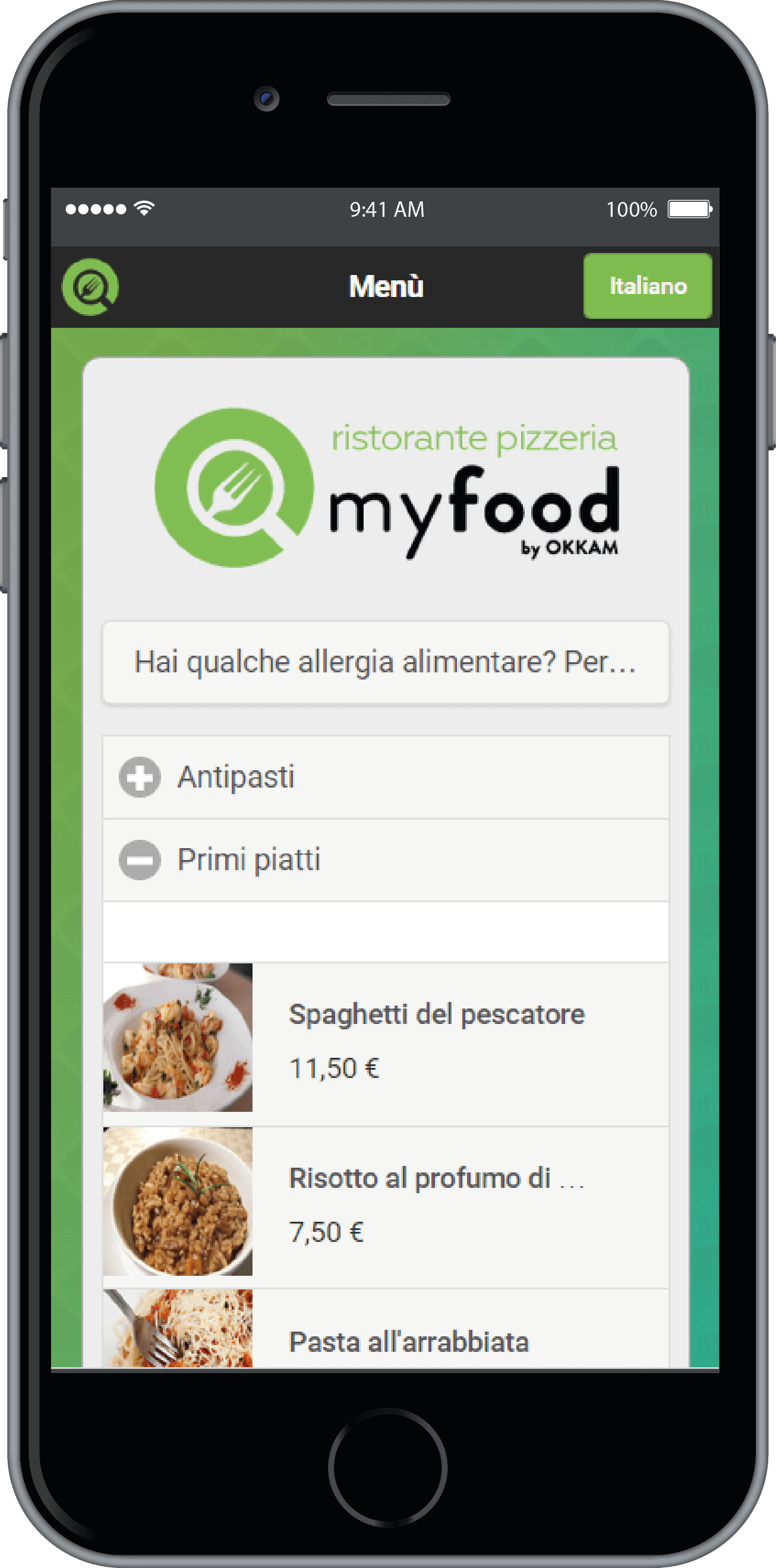 Come appare il menù online myfood in uno smartphone per il cliente del ristorante